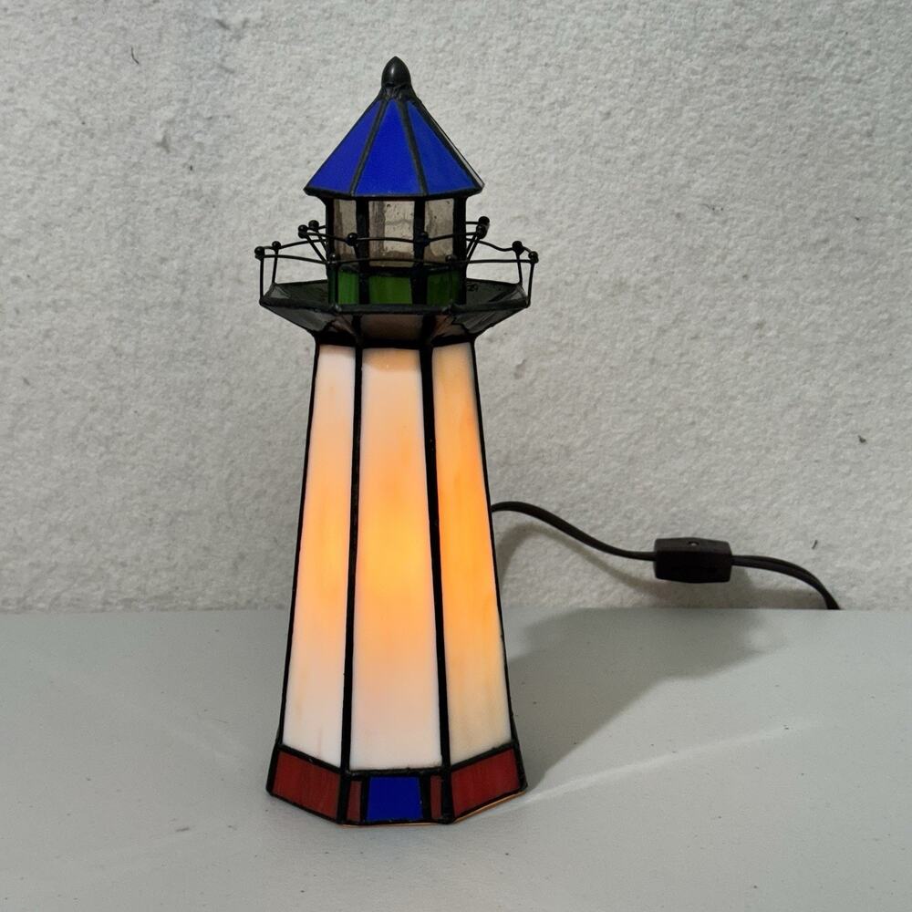 VTG Tiffany-Style Stained Glass Lighthouse Lamp Beach House Nautical Night Light